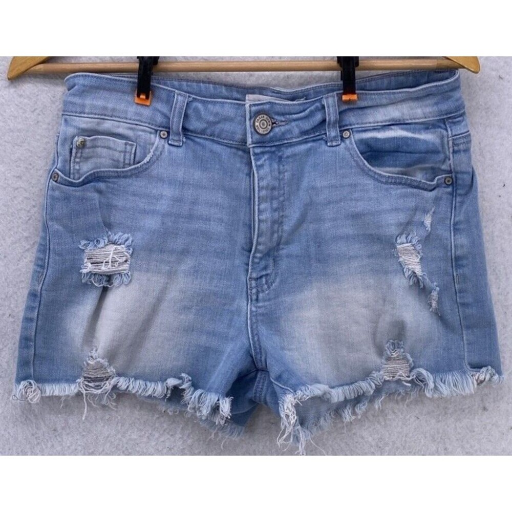 Enjean Womens Distressed Denim Shorts Size L Light Wash Ripped Frayed Raw Hem